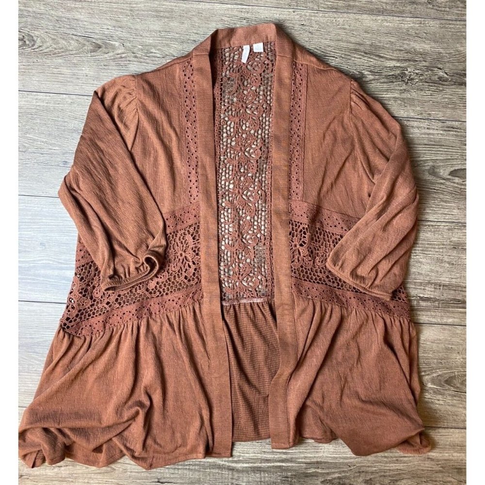 C EST 1946 Women's Kimono Cardigan Lace Details 3/4 Sleeve Orange Rust Large